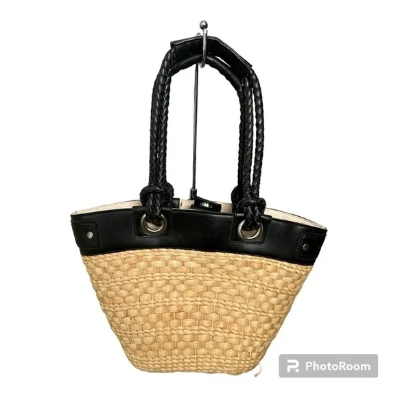 Caribbean Joe Woven Tote & Satchel Bag Black & Beige Bag. #C - Picture 1 of 4